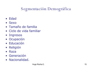 Segmentación Demográfica Edad Sexo Tamaño de familia Ciclo de vida familiar Ingresos Ocupación Educación Religión Raza Generación Nacionalidad. 