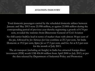 AVIATION INDUSTRY

Total domestic passengers carried by the scheduled domestic airlines between
January and May 2013 were 25.998 million, as against 25.808 million during the
corresponding period of previous year thereby registering a growth of 0.74 per
cent, revealed the statistics from Directorate General of Civil Aviation
No-frill carrier IndiGo lead in terms of market share with almost 30 per cent of
the pie, followed by Jet Airways-Jet Lite combine at 25.3 per cent, Air India
Domestic at 19.2 per cent, Spice Jet at 17.5 per cent, and Go Air at 8.3 per cent
for the month of July 2013.
The air transport (including air freight) in India has attracted foreign direct
investment (FDI) worth US$ 456.84 million from April 2000 to July 2013, as per
the data released by Department of Industrial Policy and Promotion

 