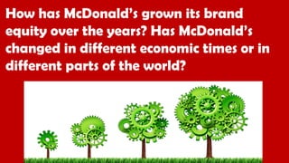How has McDonald’s grown its brand
equity over the years? Has McDonald’s
changed in different economic times or in
different parts of the world?
 