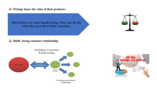  Pricing: know the value of their products:
 Build strong customer relationship:
P&G believe in value based pricing. They ask for the
value they provide to their customers.
 
