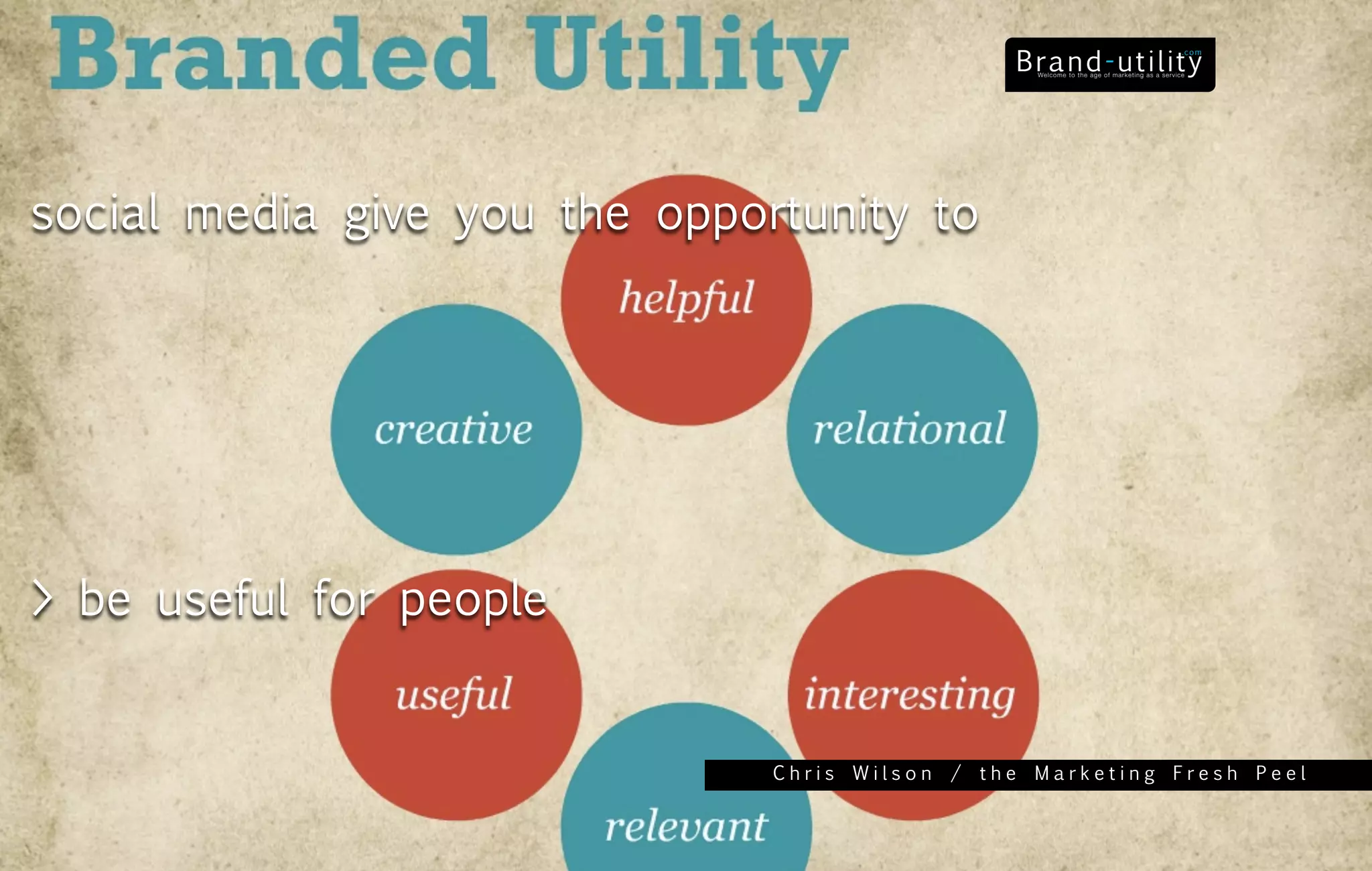 social media give you the opportunity to




> be useful for people


                               Chris Wilson / the Marketing Fresh Peel
 