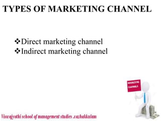 TYPES OF MARKETING CHANNEL
Direct marketing channel
Indirect marketing channel
 