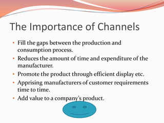 The Importance of Channels
• Fill the gaps between the production and
    consumption process.
•   Reduces the amount of time and expenditure of the
    manufacturer.
•   Promote the product through efficient display etc.
•   Apprising manufacturers of customer requirements
    time to time.
•   Add value to a company’s product.
 