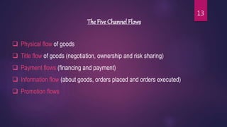 The Five Channel Flows
 Physical flow of goods
 Title flow of goods (negotiation, ownership and risk sharing)
 Payment flows (financing and payment)
 Information flow (about goods, orders placed and orders executed)
 Promotion flows
13
 