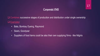 Corporate VMS
 Combines successive stages of production and distribution under single ownership
 Examples:
• Bata, Bombay Dyeing, Raymond
• Sears, Goodyear
• Suppliers of food items could be also their own supplying firms - like Nilgiris
17
 
