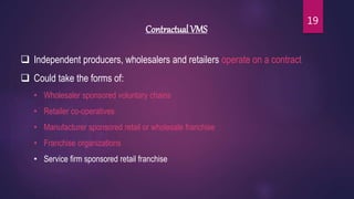 Contractual VMS
 Independent producers, wholesalers and retailers operate on a contract
 Could take the forms of:
• Wholesaler sponsored voluntary chains
• Retailer co-operatives
• Manufacturer sponsored retail or wholesale franchise
• Franchise organizations
• Service firm sponsored retail franchise
19
 