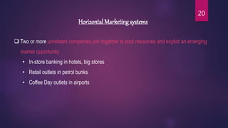 Horizontal Marketing systems
 Two or more unrelated companies join together to pool resources and exploit an emerging
market opportunity
• In-store banking in hotels, big stores
• Retail outlets in petrol bunks
• Coffee Day outlets in airports
20
 
