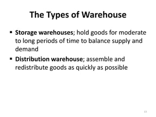 The Types of Warehouse
 Storage warehouses; hold goods for moderate
  to long periods of time to balance supply and
  demand
 Distribution warehouse; assemble and
  redistribute goods as quickly as possible




                                              13
 
