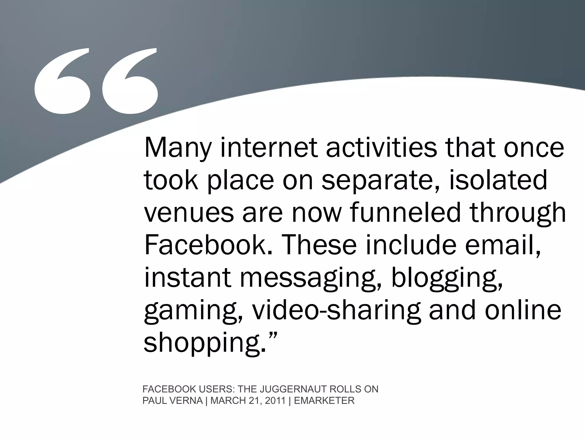Many internet activities that once
took place on separate, isolated
venues are now funneled through
Facebook. These include email,
instant messaging, blogging,
gaming, video-sharing and online
shopping.”
FACEBOOK USERS: THE JUGGERNAUT ROLLS ON
PAUL VERNA | MARCH 21, 2011 | EMARKETER
 