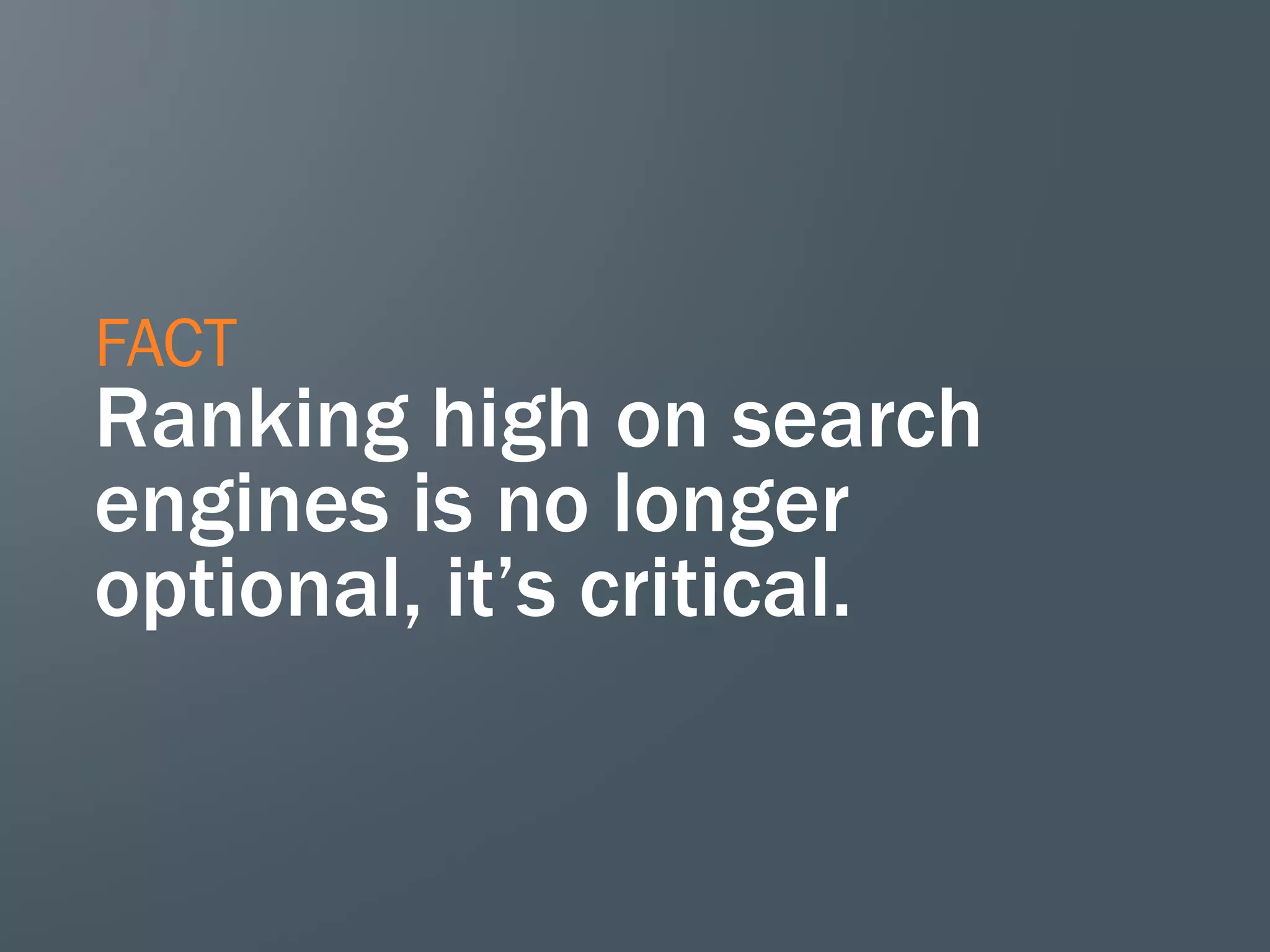 FACT
Ranking high on search
engines is no longer
optional, it’s critical.
 