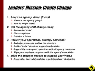 Leaders' Mission: Create Change 
1. Adopt an agency vision (focus) 
 Where is our agency going? 
 How do we get there? 
...