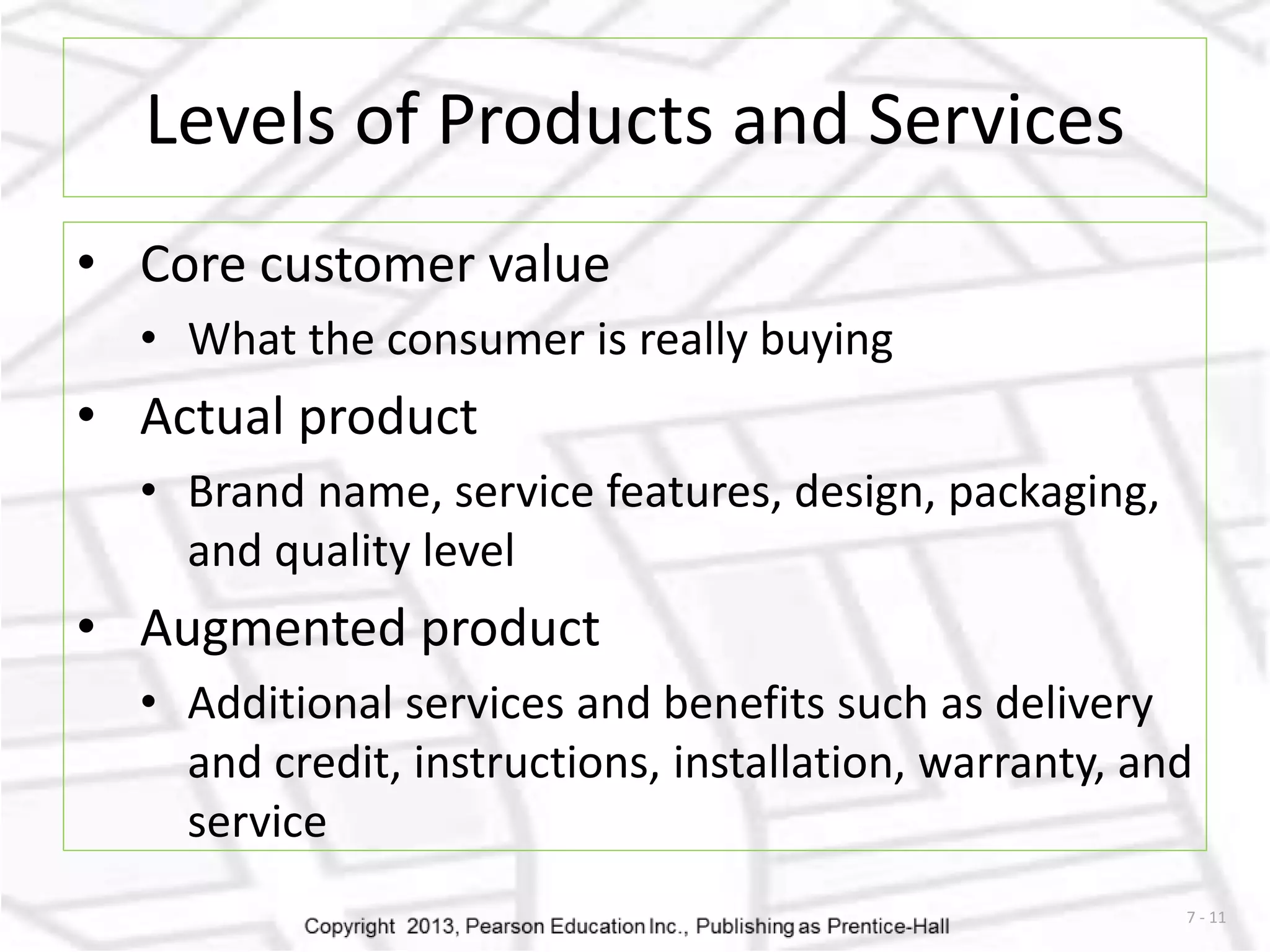7 - 11 
Levels of Products and Services 
• Core customer value 
• What the consumer is really buying 
• Actual product 
• Brand name, service features, design, packaging, 
and quality level 
• Augmented product 
• Additional services and benefits such as delivery 
and credit, instructions, installation, warranty, and 
service 
 