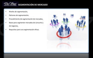 SEGMENTACIÓN DE MERCADO
• Niveles de segmentación,
• Patrones de segmentación,
• Procedimiento de segmentación de mercados,
• Bases para segmentar mercados de consumo y
de negocios,
• Requisitos para una segmentación eficaz.
 