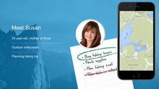 Meet Susan
43 year-old, mother of three
Outdoor enthusiast
Planning hiking trip
 