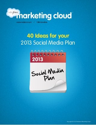 Copyright © 2013 Salesforce Marketing Cloud
www.radian6.com  /  1 888 6radian
2013
Social Media
Plan
40 Ideas for your
2013 Social Media Plan
 