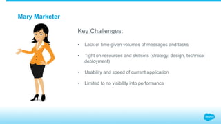 Mary Marketer
Key Challenges:
•  Lack of time given volumes of messages and tasks
•  Tight on resources and skillsets (strategy, design, technical
deployment)
•  Usability and speed of current application
•  Limited to no visibility into performance
 