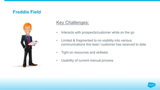 Freddie Field
Key Challenges:
•  Interacts with prospects/customer while on the go
•  Limited & fragmented to no visibility into various
communications this lead / customer has received to date
•  Tight on resources and skillsets
•  Usability of current manual process
 
