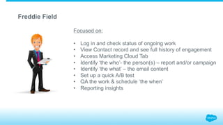 Freddie Field
Focused on:
•  Log in and check status of ongoing work
•  View Contact record and see full history of engagement
•  Access Marketing Cloud Tab
•  Identify ‘the who’- the person(s) – report and/or campaign
•  Identify ‘the what’ – the email content
•  Set up a quick A/B test
•  QA the work & schedule ‘the when’
•  Reporting insights
 