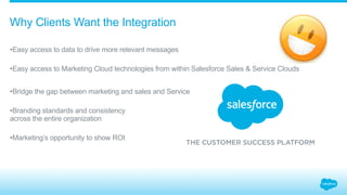 • Easy access to data to drive more relevant messages
• Easy access to Marketing Cloud technologies from within Salesforce Sales & Service Clouds
• Bridge the gap between marketing and sales and Service
• Branding standards and consistency
across the entire organization
• Marketing’s opportunity to show ROI
Why Clients Want the Integration
 