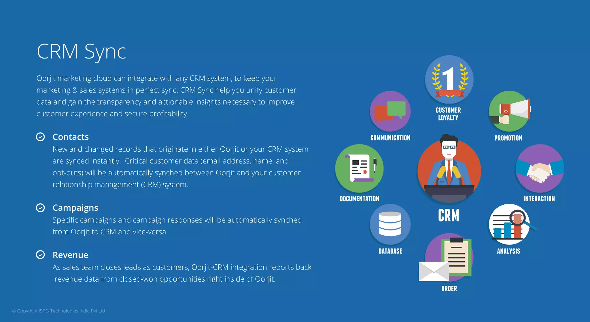 CRM Sync 
Oorjit marketing cloud can integrate with any CRM system, to keep your 
marketing  sales systems in perfect sync. CRM Sync help you unify customer 
data and gain the transparency and actionable insights necessary to improve 
customer experience and secure profitability. 
Contacts 
New and changed records that originate in either Oorjit or your CRM system 
are synced instantly. Critical customer data (email address, name, and 
opt-outs) will be automatically synched between Oorjit and your customer 
relationship management (CRM) system. 
Campaigns 
Specific campaigns and campaign responses will be automatically synched 
from Oorjit to CRM and vice-versa 
Revenue 
As sales team closes leads as customers, Oorjit-CRM integration reports back 
revenue data from closed-won opportunities right inside of Oorjit. 
© Copyright ISPG Technologies India Pvt Ltd 
 