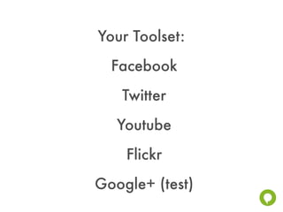 Your Toolset:
  Facebook
   Twitter
   Youtube
    Flickr
Google+ (test)
 