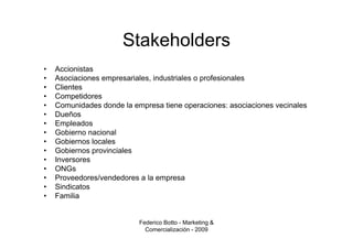 Stakeholders
•   Accionistas
•   Asociaciones empresariales, industriales o profesionales
•   Clientes
•   Competidores
•   Comunidades donde la empresa tiene operaciones: asociaciones vecinales
•   Dueños
•   Empleados
•   Gobierno nacional
•   Gobiernos locales
•   Gobiernos provinciales
•   Inversores
•   ONGs
•   Proveedores/vendedores a la empresa
•   Sindicatos
•   Familia


                           Federico Botto - Marketing &
                             Comercialización - 2009
 