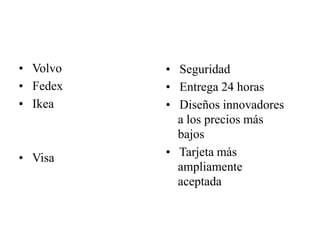 • Volvo
• Fedex
• Ikea
• Visa
• Seguridad
• Entrega 24 horas
• Diseños innovadores
a los precios más
bajos
• Tarjeta más
ampliamente
aceptada
 