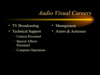 Audio Visual Careers TV Broadcasting Technical Support Camera Personnel Special Affects Personnel Computer Operations Management Actors & Actresses 