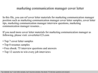 marketing and communication manager cover letter