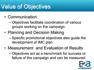 Value of Objectives
 •  Communication
   –  Objectives facilitate coordination of various
      groups working on the campaign
 •  Planning and Decision Making
   –  Specific promotional objectives also guide the
      development of IMC plan.
 •  Measurement and Evaluation of Results
   –  Objectives act as a benchmark for success or
      failure of the campaign and can be measured
 