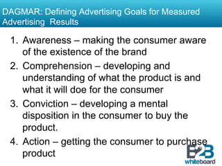 DAGMAR: Defining Advertising Goals for Measured
Advertising Results

 1.  Awareness – making the consumer aware
     of the existence of the brand
 2.  Comprehension – developing and
     understanding of what the product is and
     what it will doe for the consumer
 3.  Conviction – developing a mental
     disposition in the consumer to buy the
     product.
 4.  Action – getting the consumer to purchase
     product
 