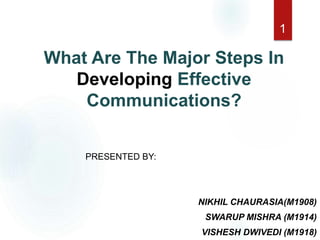 What Are The Major Steps In
Developing Effective
Communications?
PRESENTED BY:
NIKHIL CHAURASIA(M1908)
SWARUP MISHRA (M1914)
VISHESH DWIVEDI (M1918)
1
 