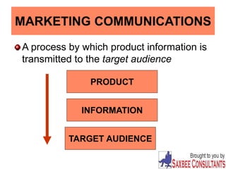 MARKETING COMMUNICATIONS
A process by which product information is
transmitted to the target audience
PRODUCT
INFORMATION
TARGET AUDIENCE
 