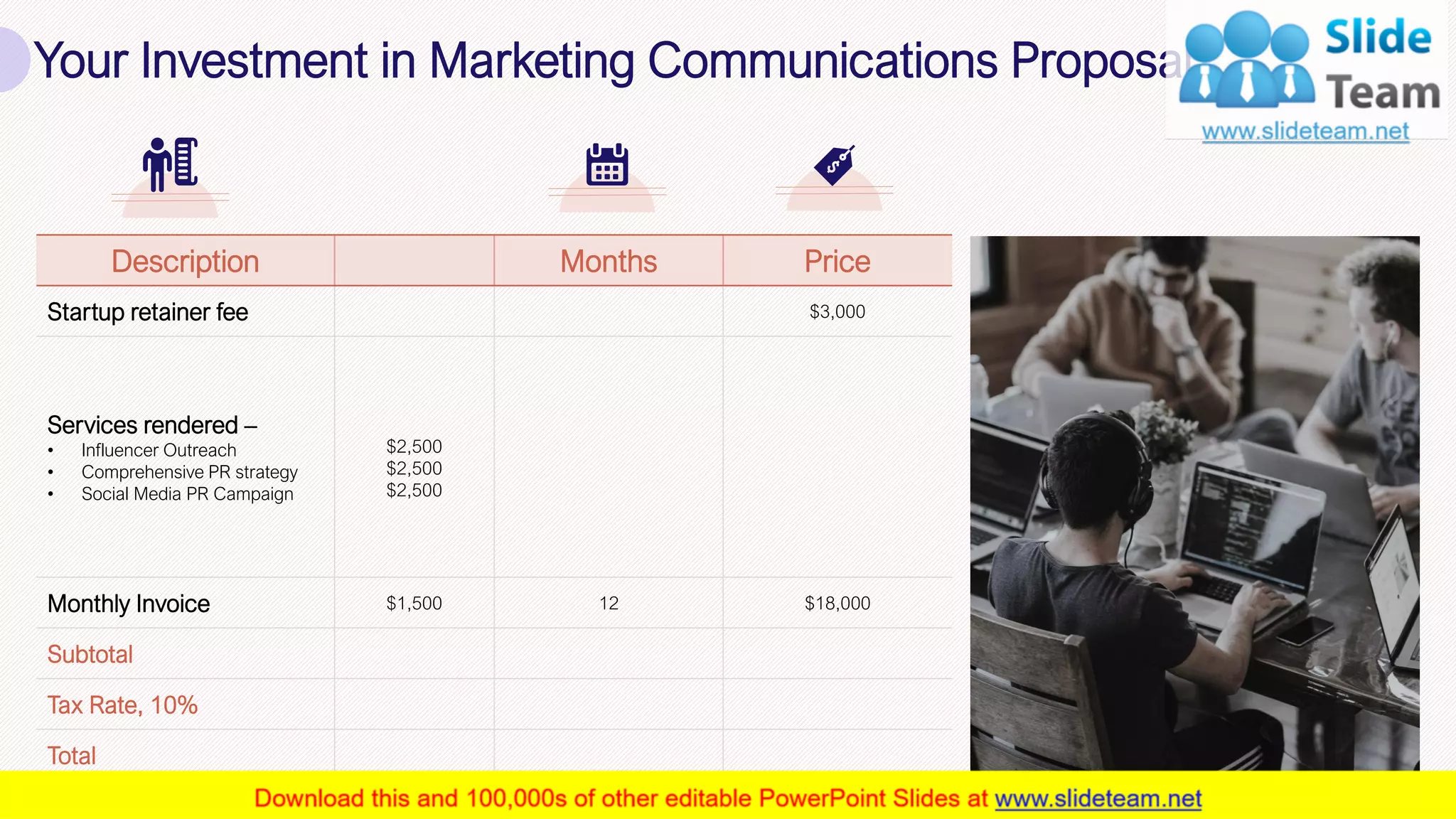 Your Investment in Marketing Communications Proposal
14
Description Months Price
Startup retainer fee $3,000
Services rendered –
• Influencer Outreach
• Comprehensive PR strategy
• Social Media PR Campaign
$2,500
$2,500
$2,500
Monthly Invoice $1,500 12 $18,000
Subtotal
Tax Rate, 10%
Total
This slide is 100% editable. Adapt it to your needs and capture your audience's attention.
 