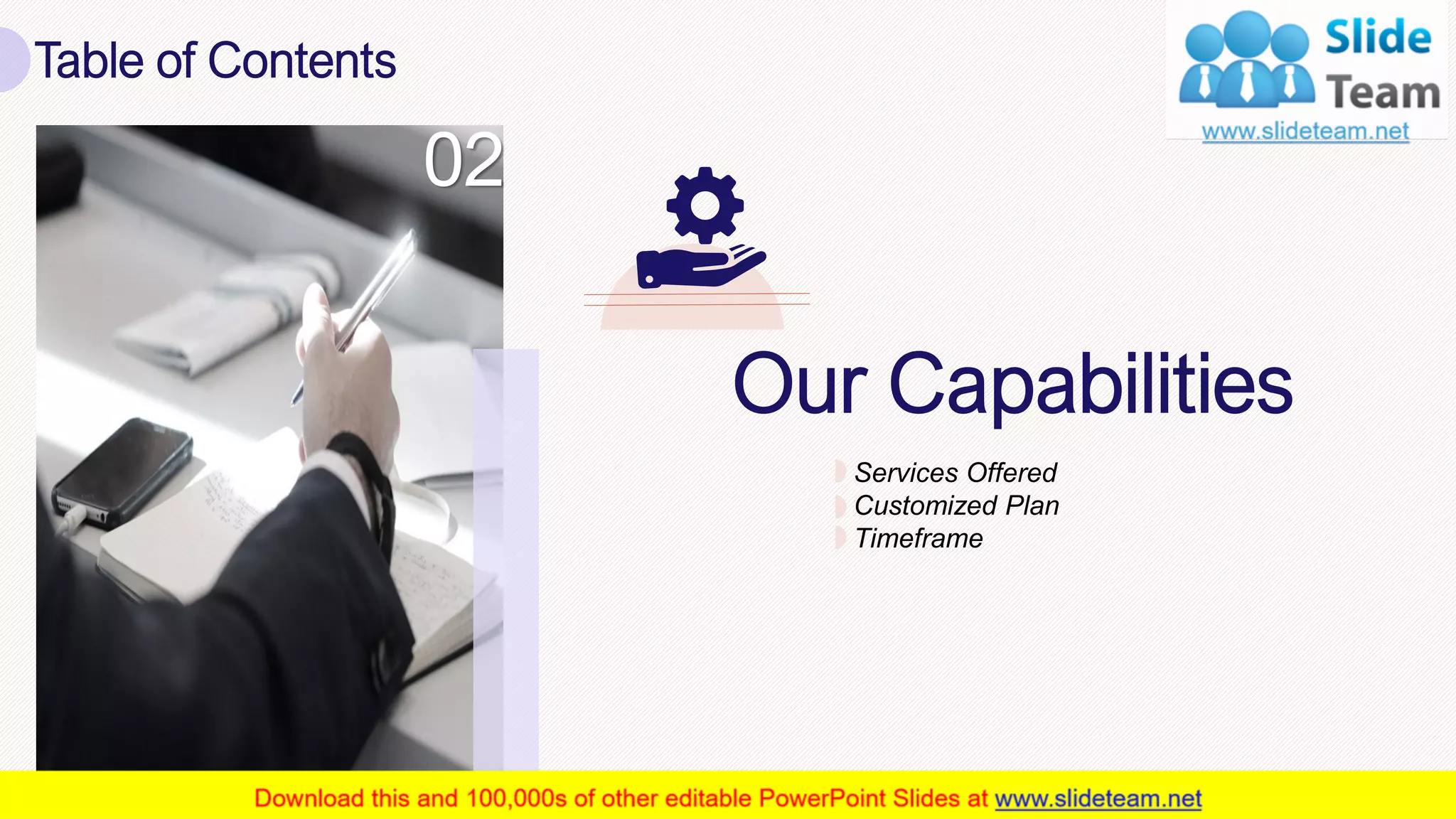 Table of Contents
7
Our Capabilities
Services Offered
Customized Plan
Timeframe
02
 