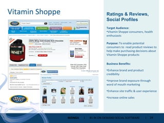 Vitamin Shoppe Ratings & Reviews, Social Profiles Target Audience: Vitamin Shoppe consumers, health enthusiasts Purpose:  To enable potential consumers to  read product reviews to help make purchasing decisions about Vitamin Shoppe products Business Benefits: Enhance brand and product credibility Improve brand exposure through word of mouth marketing Enhance site traffic & user experience  Increase online sales 