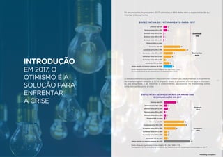49
INTRODUÇÃO
EM 2017, O
OTIMISMO É A
SOLUÇÃO PARA
ENFRENTAR
A CRISE
48
Marketing Compass®
Os anunciantes ingressaram 2017 otimistas e 66% deles têm a expectativa de au-
mentar o faturamento.
O estudo identificou que 49% declaram ter a intenção de aumentar o orçamento
de marketing em relação a 2016. A partir disso, é possível afirmar que o momen-
to das empresas é de retomar o crescimento, apostando no marketing como
uma das saídas para a crise.
49
Fonte: Pesquisa Quantitativa Croma Insights | N = 284. *NSR = 14%.
Qual a expectativa de faturamento da sua empresa para 2017?
EXPECTATIVA DE FATURAMENTO PARA 2017
4
4
1
1
1
17
23
10
8
2
6
9
Diminuir até 10%
Diminuir entre 10% e 19%
Diminuir entre 20% e 29%
Diminuir entre 30% e 39%
Diminuir entre 40% e 49%
Diminuir 50% ou mais
Aumentar até 10%
Aumentar entre 10% e 19%
Aumentar entre 20% e 29%
Aumentar entre 30% e 39%
Aumentar entre 40% e 49%
Aumentar 50% ou mais
Vai se manter no mesmo patamar de 2016
Diminuir:
11%
Aumentar
66%
EXPECTATIVA DE INVESTIMENTO EM MARKETING
E COMUNICAÇÃO EM 2017
Fonte: Pesquisa Quantitativa Croma Insights | N = 284. * NSR = 11%.
Comparado a 2016, como deve se comportar seu investimento em marketing e comunicação em 2017?
10
3
3
1
2
1
16
16
9
3
2
3
20
Diminuir até 10%
Diminuir entre 10% e 19%
Diminuir entre 20% e 29%
Diminuir entre 30% e 39%
Diminuir entre 40% e 49%
Diminuir 50% ou mais
Aumentar até 10%
Aumentar entre 10% e 19%
Aumentar entre 20% e 29%
Aumentar entre 30% e 39%
Aumentar entre 40% e 49%
Aumentar 50% ou mais
Vai se manter no mesmo patamar de 2016
Diminuir:
20%
Aumentar
49%
 