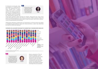 61
A intenção de alocação ideal
de budget em marketing em
2017, por segmento de mer-
cado, mostra que o digital
confirma-se como a principal
aposta, com destaque para la-
zer, viagens e entretenimento
e educação (30% de intenção
de investimento). Serviços, de
modo geral, ganham maior atenção em digital, reforçando esse meio como
parte da própria experiência de compra e consumo. Mídia impressa, PDV e TV
continuam ainda expressivos para super e hipermercados, setor que se diferen-
cia do comportamento dos demais.
CRM ganha destaque, justificando sua importância no fornecimento de dados
e inteligência para elaborar réguas de relacionamento a partir das diferentes
jornadas de diferentes pessoas.
60
A mistura entre a mídia
tradicional e digital
deve funcionar muito
bem, tão bem que já
não acredito que seja
possível diferenciar
uma coisa da outra.
Nossa principal aposta
é cada vez mais na
complementaridade dos
meios e consistência nas
mensagens, respeitando
a peculiaridade e o papel
estratégico de cada tipo
de mídia e/ou ação.
Moda e acessórios (17%), ali-
mentos e bebidas (15%) e
super e hipermercados (15%)
não abrem mão do investi-
mento no ponto de venda,
considerando que são os seg-
mentos nos quais ainda há
grande necessidade de experi-
mentação física de produtos.
Guilherme Rios
SA365
Silvana Balbo
Carrefour
INTENÇÃO DE ALOCAÇÃO DE BUDGET DE MARKETING E COMUNICAÇÃO PARA 2017
Fonte: Pesquisa Quantitativa Croma Insights | N = 284.
Considerando uma base 100, distribua percentualmente a alocação de budget aproximada para os tipos de investimento de marketing e comunicação que
sua empresa pretende realizar em 2017.
Amostra: 284 respondentes.
21
14
20
16
23
6
24
17
30
25 27
21
30
23
12
8
12
14
16
1
24
6
11
6
18
16
8
10
11
9
8 14
17
4
9
13
8
8
9
10
12
13
10
11
9
13
5
36
6
10
3
34
1 17 8
7
9
15
17
9
7
15
3
5
8
10
7
2
4
2
8
8
10 7 8 8
14
11
6
11 4
3
9
8
7
9
7 5
12
9
9
13
1
7
7
9
8
7
10
5
5 5
10
4
10
6
0
8
7 10
7
5 5
5
6 7 7 3 7
5 3
4
5 1 8
4 6
1
4 4 5 4 3 7
2 3
6
3 3 2 3 4
2
3 0 4
2
1
2 5
3
3 2 2 1 1
7
2 3 4 1
8 6 2
Rádio
Out of home
Consultoria
Pesquisa
Agência
Mídia impressa
Desenvolvimento de
produtos
PDV
TV
Ações de
relacionamento/CRM
Promoções,
patrocínios e eventos
Mídia digital
Marketing Compass®
61
 