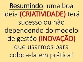 Resumindo: uma boa
ideia (CRIATIVIDADE) terá
sucesso ou não
dependendo do modelo
de gestão (INOVAÇÃO)
que usarmos para
coloca-la em prática!
 