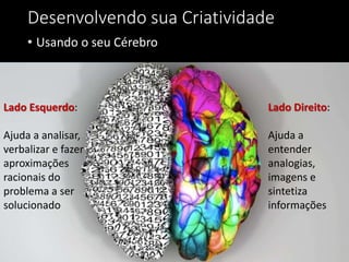 Desenvolvendo sua Criatividade
• Usando o seu Cérebro
Lado Direito:
Ajuda a
entender
analogias,
imagens e
sintetiza
informações
Lado Esquerdo:
Ajuda a analisar,
verbalizar e fazer
aproximações
racionais do
problema a ser
solucionado
 