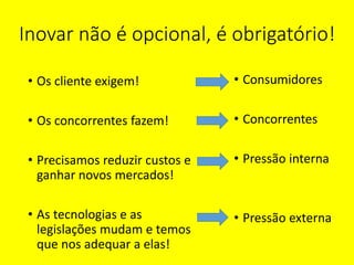 Inovar não é opcional, é obrigatório!
• Os cliente exigem!
• Os concorrentes fazem!
• Precisamos reduzir custos e
ganhar novos mercados!
• As tecnologias e as
legislações mudam e temos
que nos adequar a elas!
• Consumidores
• Concorrentes
• Pressão interna
• Pressão externa
 