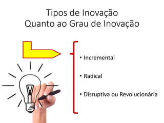 Tipos de Inovação
Quanto ao Grau de Inovação
• Incremental
• Radical
• Disruptiva ou Revolucionária
 