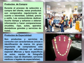 Productos  de Compra :  Durante el proceso de selección y compra del cliente, estos productos son comparados regularmente en cuanto a idoneidad, calidad, precio y estilo. Los consumidores dedican mucho tiempo y esfuerzo a obtener información y hacer comparaciones (muebles, ropa, autos, aparatos domésticos grandes y servicios de hotel). Productos de Especialidad :  Son productos y servicios de consumo con características únicas o identificación de marca. Un grupo importante de compradores está dispuesto a efectuar un esfuerzo especial (Marcas y tipos específicos de autos, equipo de fotografía costoso, ropa de diseñador, servicios médicos o legales de especialistas). 