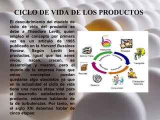 CICLO DE VIDA DE LOS PRODUCTOS   El descubrimiento del modelo de ciclo de vida del producto se debe a Theodore Levitt, quien empleó el concepto por primera vez en un artículo de 1965 publicado en la  Harvard Bussines Review . Según Levitt los productos, igual que los seres vivos, nacen, crecen, se desarrollan y mueren, pero el mundo de la empresa hace que estos conceptos puedan quedarse algo obsoletos ya que en la actualidad el ciclo de vida tiene una nueva etapa vital para el desarrollo satisfactorio del producto, estamos hablando de la de turbulencias. Por tanto, en el siglo XXI debemos hablar de cinco etapas: 