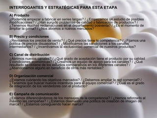 INTERROGANTES Y ESTRATÉGICAS PARA ESTA ETAPA A) Producto ¿Podemos empezar a fabricar en series largas? / ¿Empezamos un estudio de posibles modificaciones? / ¿Han surgido problemas de calidad y fabricación de productos? / ¿Tenemos muchas reclamaciones en el departamento posventa? / ¿Es el momento de ampliar la gama? / ¿Nos abrimos a nuevos mercados?  B) Precio y condiciones ¿Revisamos los precios de venta? / ¿Qué precios tiene la competencia? / ¿Fijamos una política de precios disuasorios? / ¿Modificamos las condiciones a los canales intermediarios? / ¿Incentivamos la exclusividad comercial de nuestros productos?   C) Canal de distribución ¿Abrimos nuevos canales? / ¿Qué grado de aceptación tiene el producto por su calidad y condiciones económicas? / ¿Creamos un equipo de apoyo para los canales? / ¿Qué resultado se obtiene de los estudios comparativos en los diferentes canales? / ¿Abandonamos alguno en beneficio de otros más rentables?   D) Organización comercial ¿Estamos cubriendo los objetivos marcados? / ¿Debemos ampliar la red comercial? / ¿Tenemos que buscar nuevos incentivos para el equipo comercial? / ¿Cuál es el grado de integración de los vendedores con el producto?  E) Campaña de comunicación ¿Estamos diferenciándonos de los mensajes de la competencia? / ¿Hemos reforzado al máximo las campañas? / ¿Estamos diseñando una política de creación de imagen de marca? / ¿Estamos consiguiendo hacer marca?  