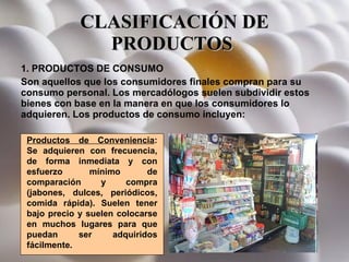 CLASIFICACIÓN DE PRODUCTOS   1. PRODUCTOS DE CONSUMO Son aquellos que los consumidores finales compran para su consumo personal. Los mercadólogos suelen subdividir estos bienes con base en la manera en que los consumidores lo adquieren. Los productos de consumo incluyen: Productos de Conveniencia :   Se adquieren con frecuencia, de forma inmediata y con esfuerzo mínimo de comparación y compra (jabones, dulces, periódicos, comida rápida). Suelen tener bajo precio y suelen colocarse en muchos lugares para que puedan ser adquiridos fácilmente. 