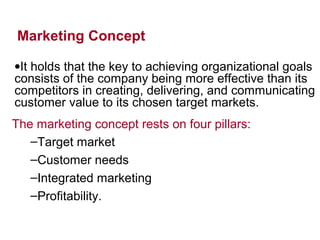 Marketing Concept
•It holds that the key to achieving organizational goals
consists of the company being more effective than its
competitors in creating, delivering, and communicating
customer value to its chosen target markets.
–Target market
–Customer needs
–Integrated marketing
–Profitability.
The marketing concept rests on four pillars:
 