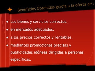 ● Los bienes y servicios correctos.
● en mercados adecuados.

● a los precios correctos y rentables.
● mediantes promociones precisas y

publicidades idóneas dirigidas a personas
específicas.

 