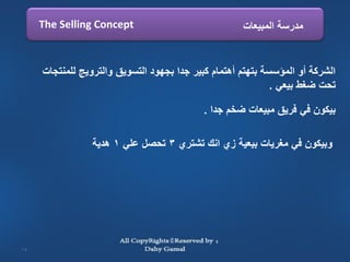 ‫‪The Selling Concept‬‬                             ‫مدرسة المبيعات‬


     ‫الشركة أو المؤسسة بتهتم أهتمام كبير جدا بجهود التسويق والترويج للمنتجات‬
                                                             ‫تحت ضغط بيعي .‬

                                            ‫بيكون في فريق مبيعات ضخم جدا .‬

                 ‫وبيكون في مغريات بيعية زي انك تشتري 3 تحصل علي 1 هدية‬




‫51‬
 