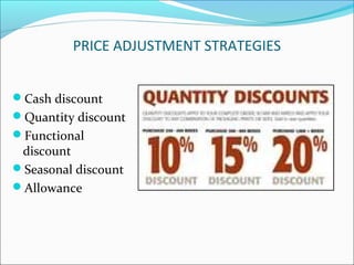 PRICE ADJUSTMENT STRATEGIES
Cash discount
Quantity discount
Functional
discount
Seasonal discount
Allowance
 